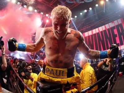 ATLANTA, GEORGIA - APRIL 17: Jake Paul celebrates after defeating Ben Askren in their cruiserweight bout during Triller Fight Club at Mercedes-Benz Stadium on April 17, 2021 in Atlanta, Georgia. (Photo by Al Bello/Getty Images for Triller)
